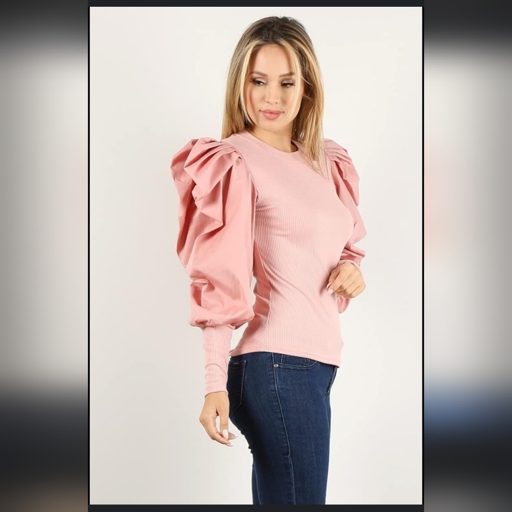 Solid Fitted With Puff Long Sleeve Top. - image 1